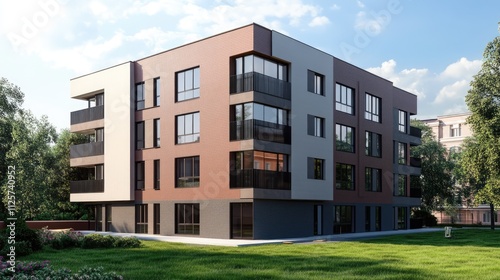 Modern residential building under construction showcasing hinged facade installation and ceramic tiles applied to thermal insulation