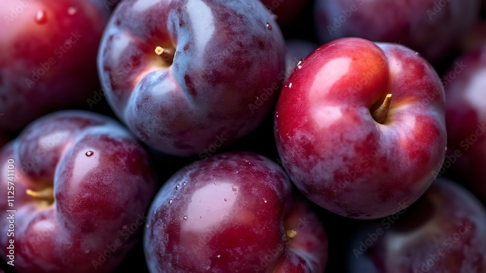 Juicy Ripe Plums, Velvety Texture, Smooth Skin, Close-up Juicy Ripe Plums, Velvety Texture, Smooth Skin, Close-up