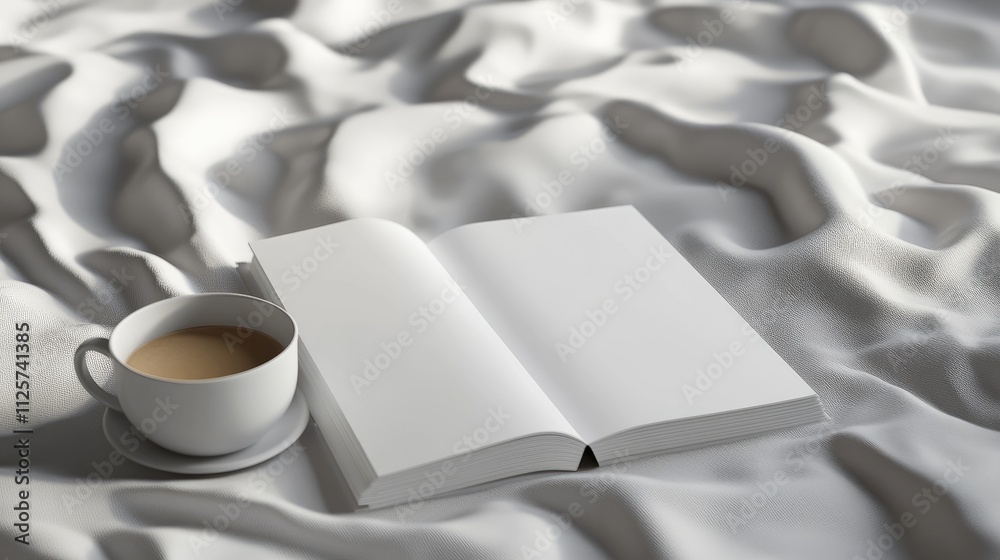 Fototapeta premium Cozy scene featuring an empty book mockup and a cup of coffee resting on soft bedding for creative design and lifestyle presentations.