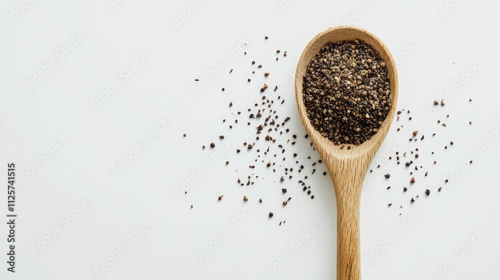 Wooden spoon filled with ground cumin seeds, scattered seeds nearby, minimalist composition on a clean white background, cooking, culinary, spices, kitchen design. Wooden spoon filled with ground cumin seeds, scattered seeds nearby, minimalist composition on a clean white background, cooking, culinary, spices, kitchen design.