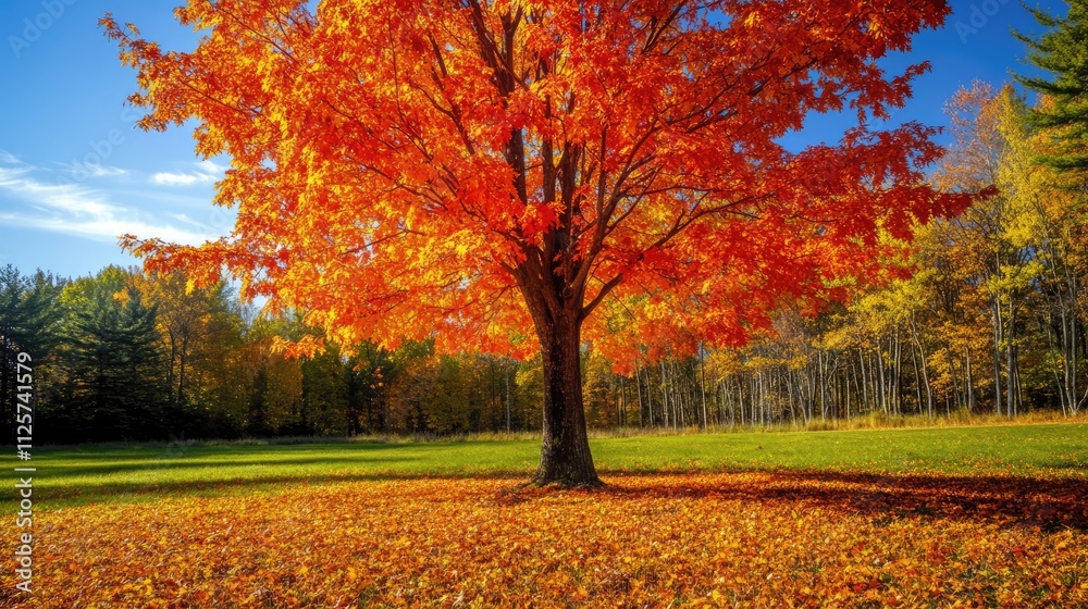 Vibrant autumn landscape featuring a majestic orange tree surrounded by colorful foliage in a sunny Southern Ontario meadow Vibrant autumn landscape featuring a majestic orange tree surrounded by colorful foliage in a sunny Southern Ontario meadow