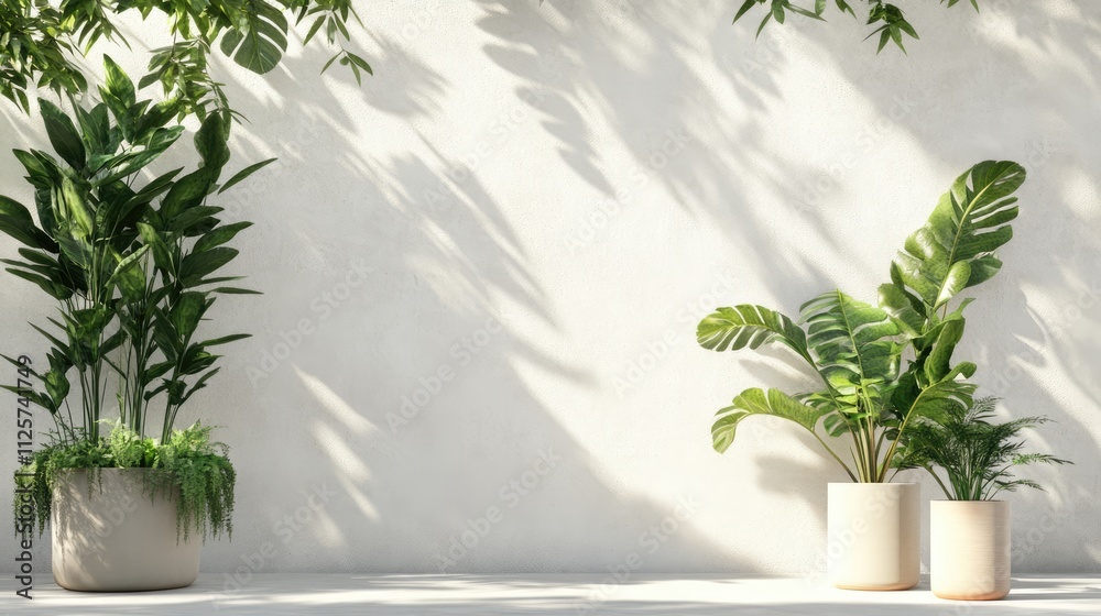 Two elegant potted plants featuring tall leaves and lush greenery casting soft shadows against a white wall in a tranquil outdoor setting Two elegant potted plants featuring tall leaves and lush greenery casting soft shadows against a white wall in a tranquil outdoor setting