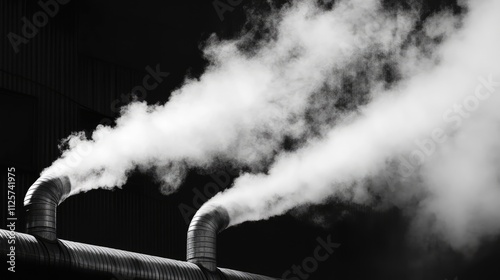 Condensing boiler chimney flue pipes emitting white steam vapor against a dark background, highlighting industrial heating systems and energy efficiency, machinery, technology, infrastructure. photo