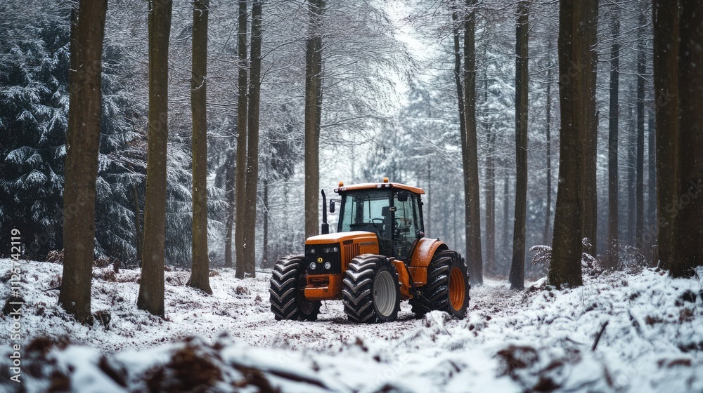 Winter tractor navigating snow-covered forest landscape with tall trees and serene atmosphere, showcasing rural machinery in nature. Winter tractor navigating snow-covered forest landscape with tall trees and serene atmosphere, showcasing rural machinery in nature.
