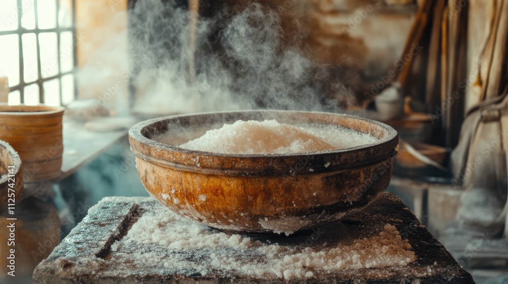 Traditional rock salt production process with steaming bowls in rustic setting illuminated by natural light Traditional rock salt production process with steaming bowls in rustic setting illuminated by natural light