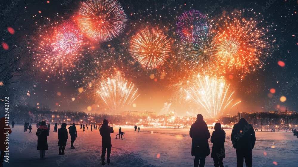 Night fireworks display over snowy landscape with crowd. Night fireworks display over snowy landscape with crowd.