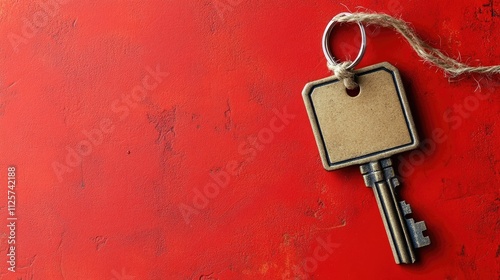 Vintage key with blank tag on vibrant red background top view conveying security and opportunity concept with space for your text