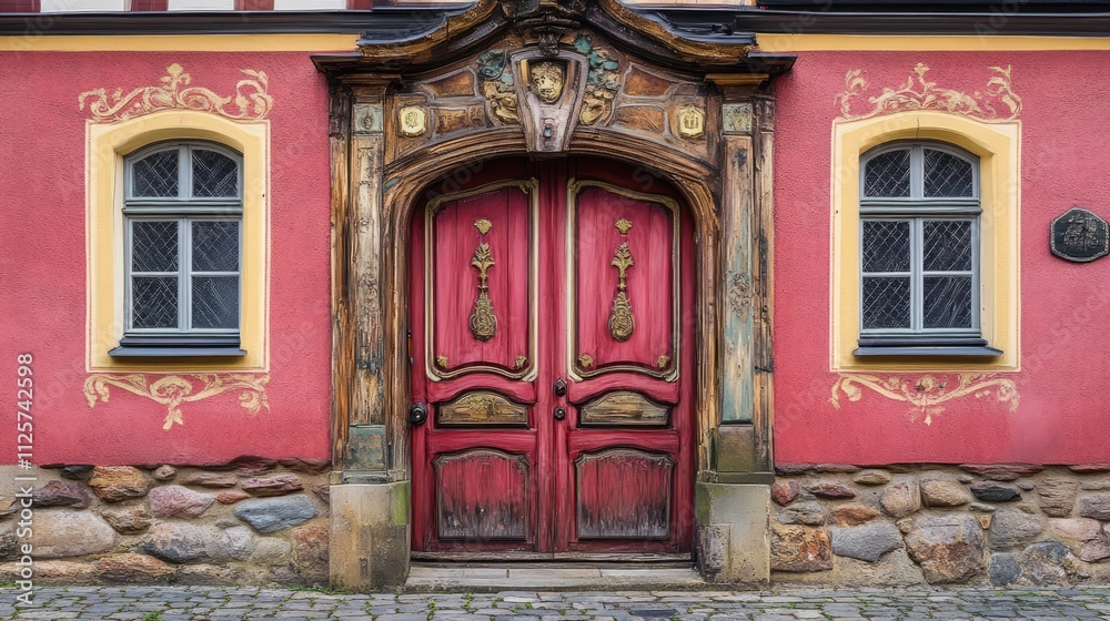 Traditional decorative entrance doors in North Rhine Westphalia capturing the intricate craftsmanship and vibrant colors of German architecture Traditional decorative entrance doors in North Rhine Westphalia capturing the intricate craftsmanship and vibrant colors of German architecture