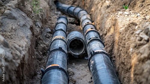 Installation of plastic sewer pipes in a trench during home renovation project showcasing construction and plumbing work