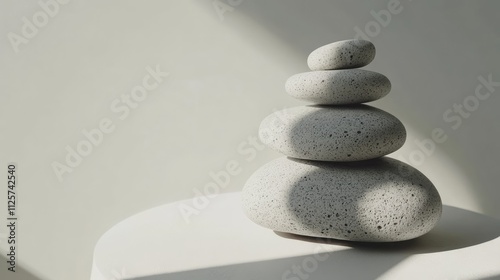 Stacked smooth zen stones on a round white pedestal, softly lit with natural light, creating shadows against a minimalist white background, tranquility, wellness, mindfulness, spa decor. photo