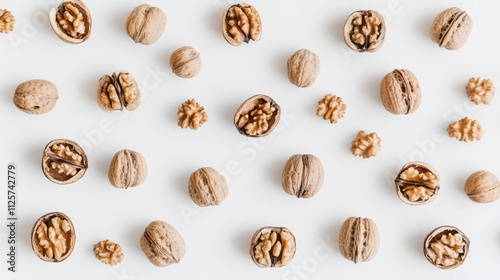 Assorted whole and broken walnuts arranged on a clean white background, showcasing the texture of shells and nutmeat, food, healthy eating, natural ingredients, flat lay composition.