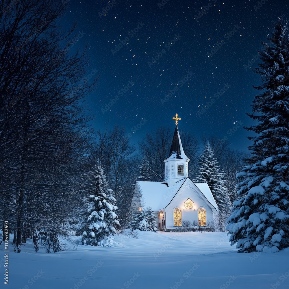Winter night scene church in snowy landscape photography calm atmosphere scenic view serenity and peacefulness Winter night scene church in snowy landscape photography calm atmosphere scenic view serenity and peacefulness