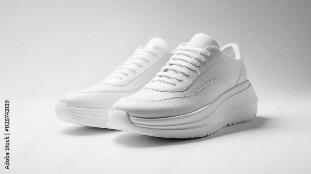 Elegant white leather high-heeled sport shoes isolated on a clean white background, showcasing modern design and stylish aesthetics, fashion, footwear, luxury, exercise.
