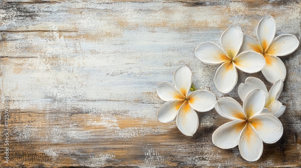 Frangipani flowers on rustic wood with a soft background highlighting their elegance and natural beauty in a serene setting Frangipani flowers on rustic wood with a soft background highlighting their elegance and natural beauty in a serene setting