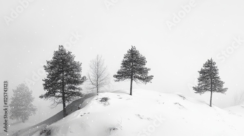 Snow-covered hill with trees in a serene winter landscape featuring soft snowfall and a tranquil atmosphere.