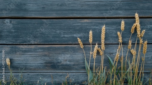 Golden wheat stalks arranged against a rustic wooden background, highlighting texture and natural elements, agriculture, organic, harvest, nature. photo