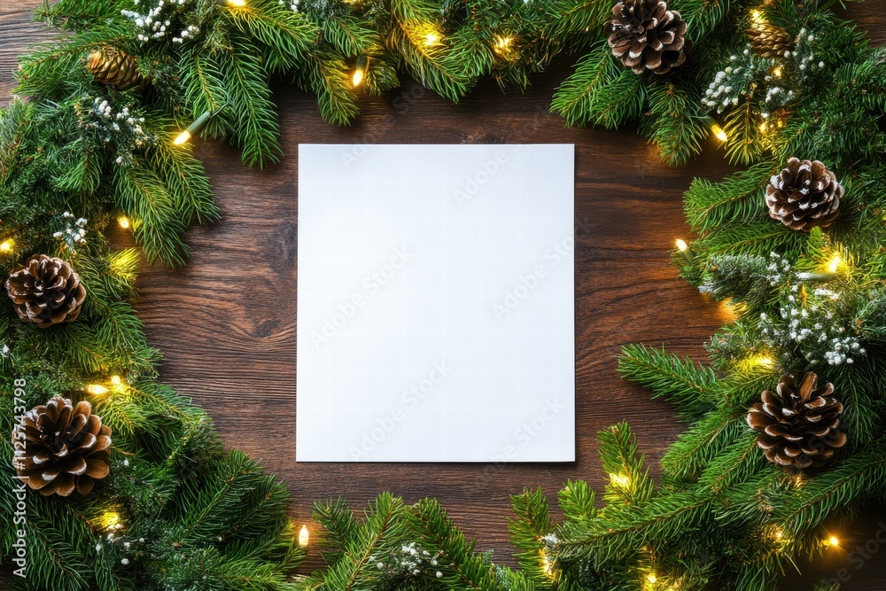 Christmas Mockup Blank Paper Card with Fir Branches and String Lights Christmas Mockup Blank Paper Card with Fir Branches and String Lights
