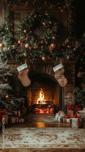 Design a festive Christmas background with a cozy fireplace adorned with stockings, a beautifully decorated Christmas tree, and gentle snowfall outside, ensuring ample copy space for holiday messages 