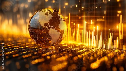 crystal-clear globe rests on a financial chart, symbolizing global markets, economic connections, sustainability, and the interdependence of finance and environmental stewardship photo