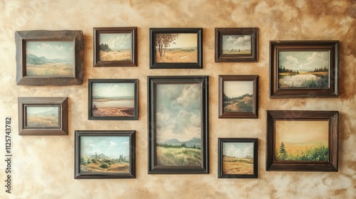 Fototapeta Naklejka Na Ścianę i Meble -  Collection of vintage landscape paintings in ornate frames displayed on a textured beige wall for elegant home decor inspiration