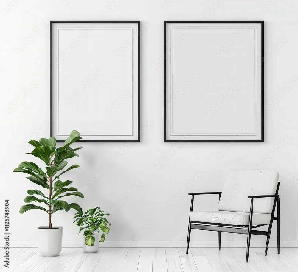 Two black framed posters on a white wall with a white armchair and two potted plants Two black framed posters on a white wall with a white armchair and two potted plants