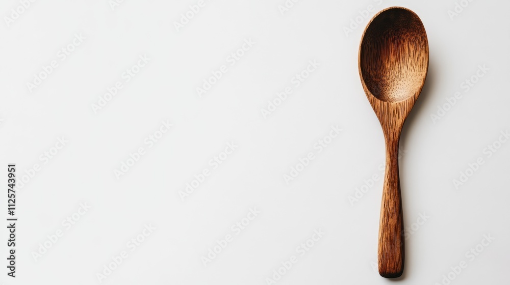 Natural wooden spoon on a clean white background, featuring a smooth, polished finish and curved shape, kitchen utensils, cooking tools, minimalist design, food preparation.