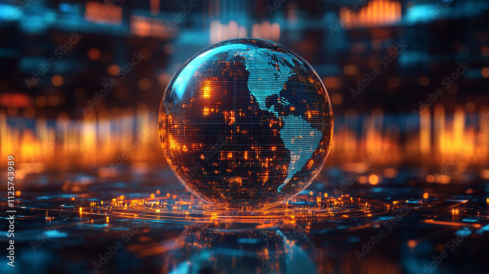 crystal-clear globe rests on a financial chart, symbolizing global markets, economic connections, sustainability, and the interdependence of finance and environmental stewardship