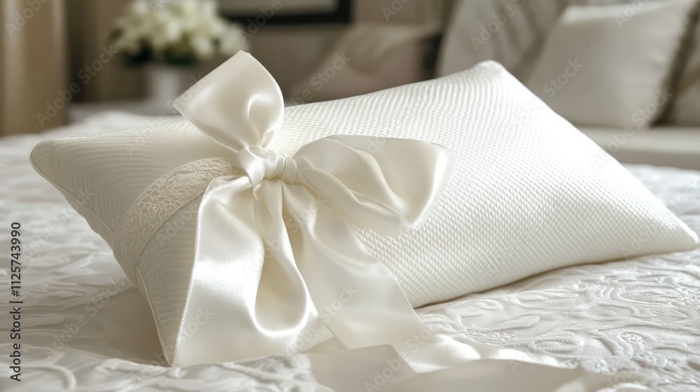 Elegant white decorative pillow with a satin ribbon on a beautifully arranged bed in a bright, cozy bedroom setting.