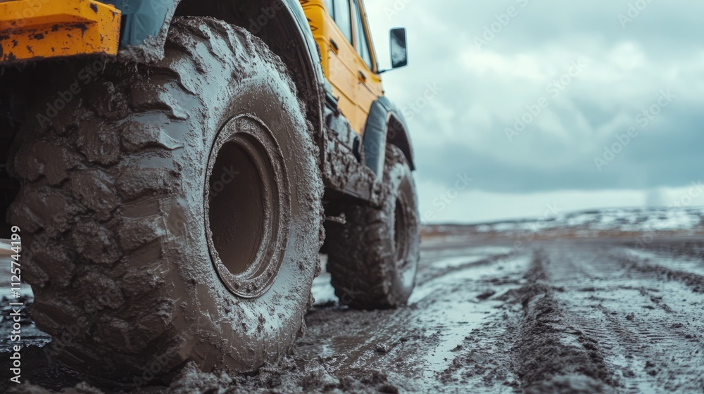 Large truck wheel in muddy terrain, showcasing deep treads and sand splatters, with a cloudy sky backdrop, off-road vehicle, rugged landscape, adventure. Large truck wheel in muddy terrain, showcasing deep treads and sand splatters, with a cloudy sky backdrop, off-road vehicle, rugged landscape, adventure.