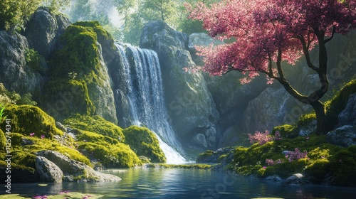 Serene Waterfall Oasis: A Digital Painting of Tranquility