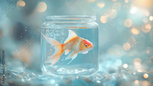 A colorful fish swmming in water contained in a glass bottle. photo