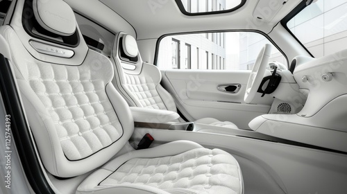 Luxurious white car interior with tufted seats and sunroof.