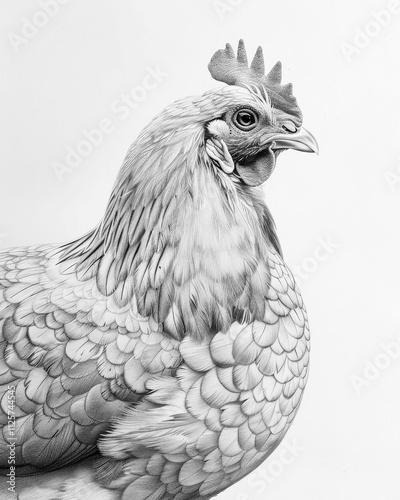 Intricate monochrome sketch of a chicken in natural pose with detailed feather texture and shading photo