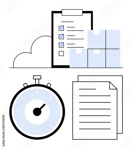 Clipboard checklist stack of boxes stopwatch and documents. Ideal for productivity, organization, efficiency, task management, time tracking, logistics, and planning. Line metaphor