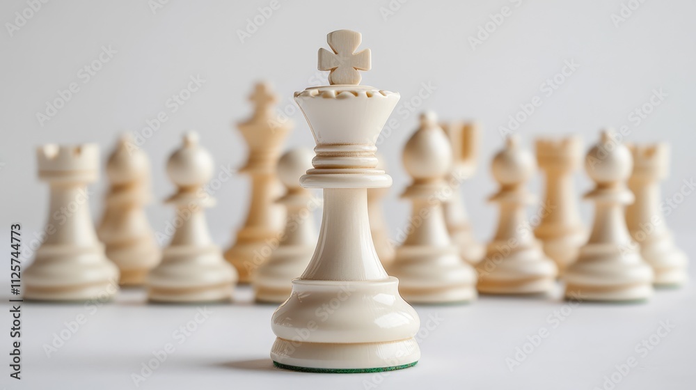 White king chess piece in focus with other white chess pieces blurred in the background, arranged on a minimalist white surface, strategy, leadership, business concept, text space, competition. White king chess piece in focus with other white chess pieces blurred in the background, arranged on a minimalist white surface, strategy, leadership, business concept, text space, competition.