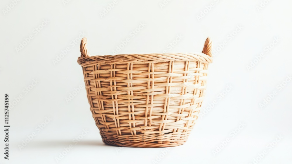 Obraz premium Wicker storage basket positioned on a clean white background, showcasing its texture and craftsmanship, home decor, organization, minimalism, rustic style.