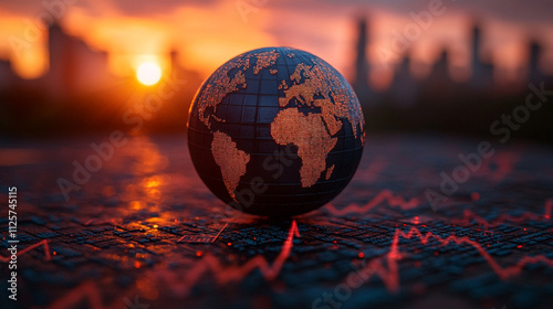 crystal-clear globe rests on a financial chart, symbolizing global markets, economic connections, sustainability, and the interdependence of finance and environmental stewardship photo