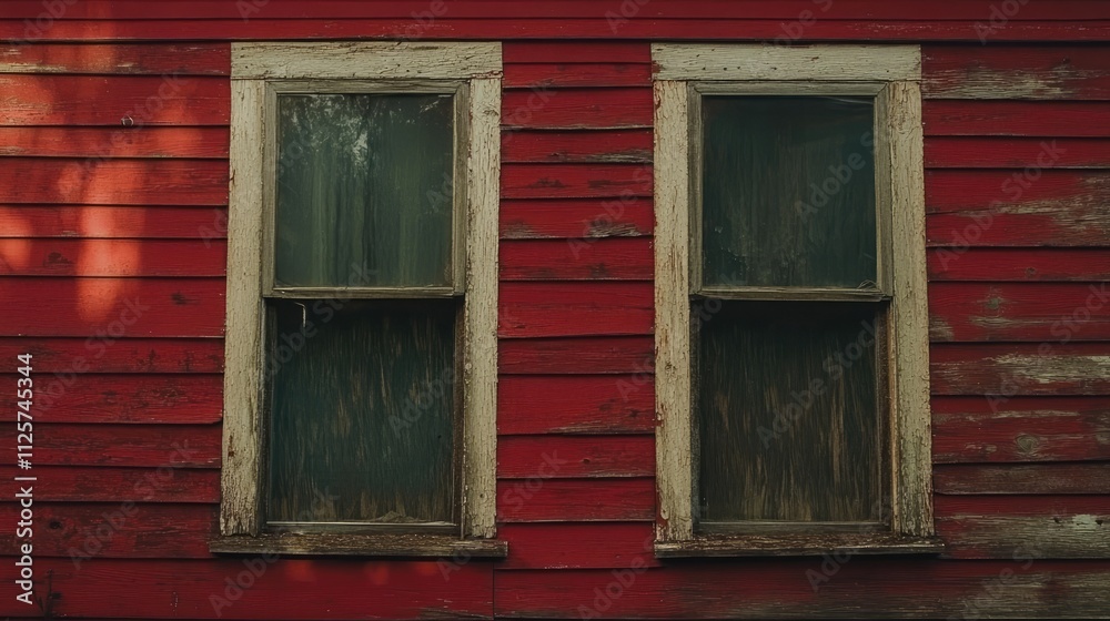 Weathered windows framed in peeling white paint on a vintage red-sided farmhouse, emphasizing rustic charm and decay, architecture, rural exploration, nostalgia, historical detail. Weathered windows framed in peeling white paint on a vintage red-sided farmhouse, emphasizing rustic charm and decay, architecture, rural exploration, nostalgia, historical detail.