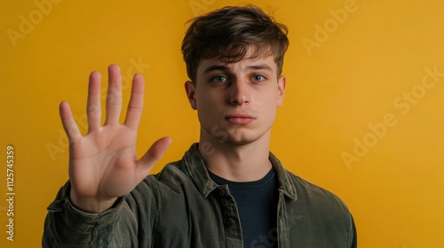 Young man expressing rejection with an open palm gesture against a yellow background conveying a strong negative attitude and displeasure