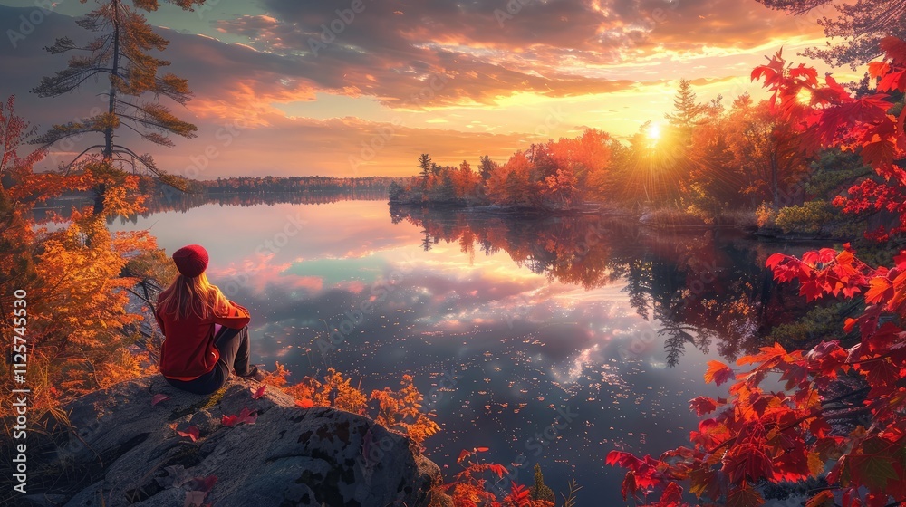 woman on rock enjoying amazing autumn view over lake at sunset woman on rock enjoying amazing autumn view over lake at sunset