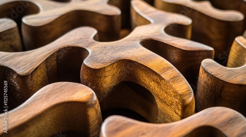 Intricate wooden puzzle pieces showcasing craftsmanship and texture in a close-up view for artistic and educational themes photo