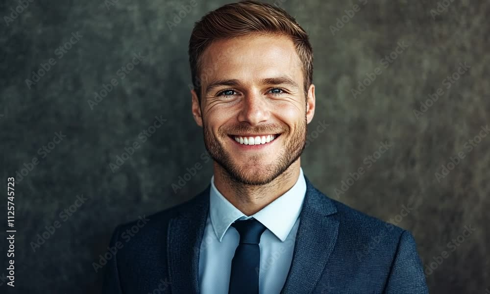 Portrait of a smiling, handsome businessman in a dark suit and light blue shirt. Portrait of a smiling, handsome businessman in a dark suit and light blue shirt.