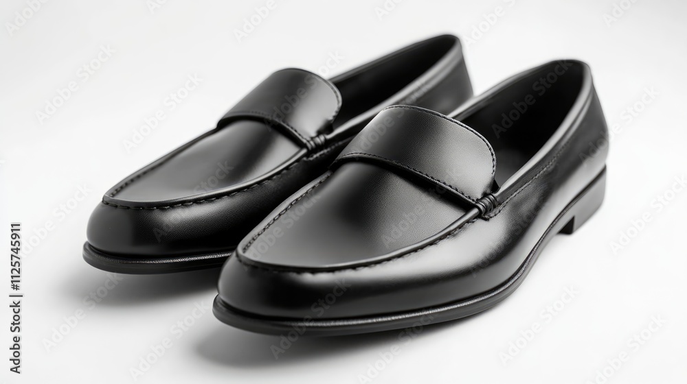 Stylish black leather loafers for women on a white background showcasing elegance and versatility in footwear. Stylish black leather loafers for women on a white background showcasing elegance and versatility in footwear.