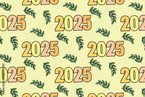 A seamless design pattern featuring 2025 typography and decorative leaves