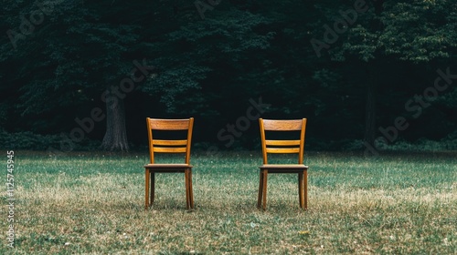 Wooden chairs placed in a serene natural setting surrounded by greenery and forest backdrop conveying tranquility and simplicity