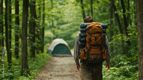 solitary figure with heavily packed backpack in lush forest photo