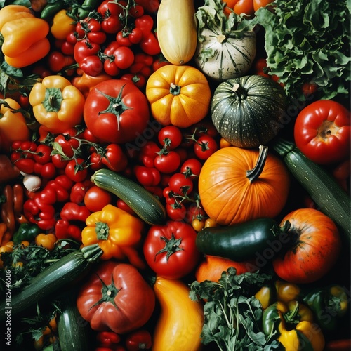 Vibrant assortment of fresh colorful vegetables in a bountiful harvest display.