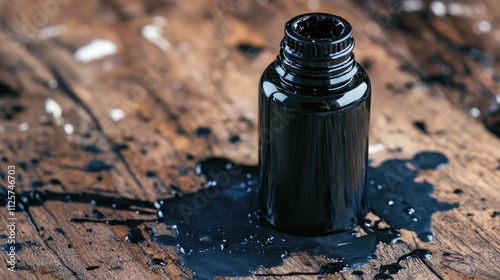 Black ink bottle on wooden surface with spilled ink creating an artistic and vintage feel for creative projects and graphic design use. photo