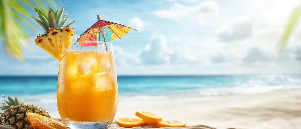 Obraz premium Showcase a vibrant real-life photograph of a refreshing rum punch cocktail served in a tall glass, adorned with tropical fruits like pineapple and orange slices, and a colorful paper umbrella