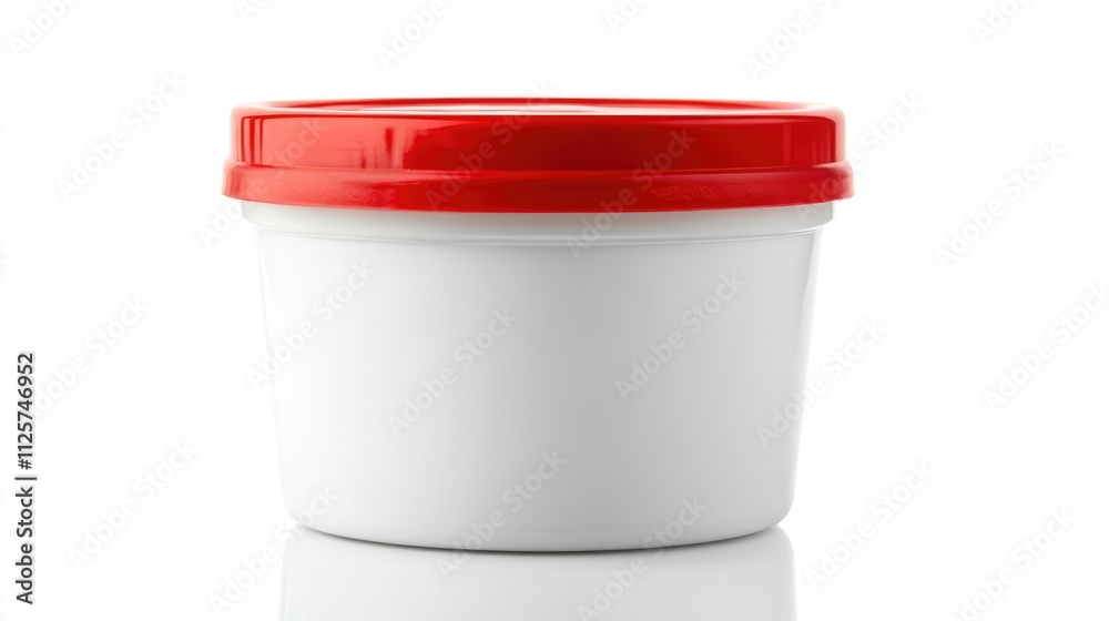 White plastic container with a bright red lid, set against a clean white background, featuring a clipping path for easy integration, packaging, storage, product design, minimalistic. White plastic container with a bright red lid, set against a clean white background, featuring a clipping path for easy integration, packaging, storage, product design, minimalistic.